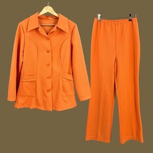 Retro Orange Textured Two Piece Pantsuit Jacket & Pants Lounge Set Sz S/M est